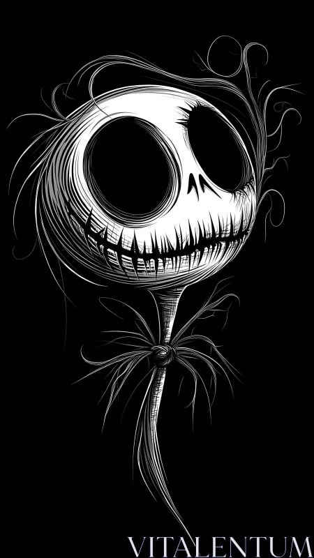 Stylized skeletal head with elongated neck on black background