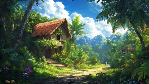 Tropical jungle cottage beside sunlit path and mountains.