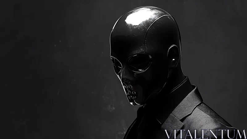 Masked figure in glossy black suit exudes ominous elegance.