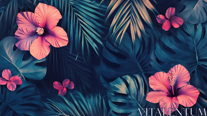 Tropical Floral Composition with Pink Hibiscus and Foliage