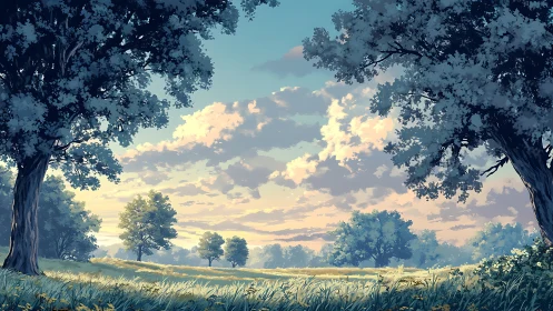 Digital landscape depicts open meadow framed by two trees