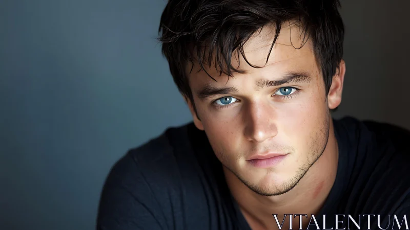 Young man with blue eyes gazes into soft diffused light