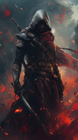 Hooded wanderer in emberlit armor walking through sparks.