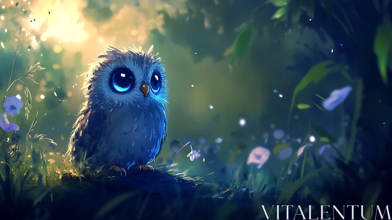 Adorable Baby Owl in Enchanted Forest, Digital Fantasy Art.