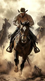 Cowboy leads hard-charging horses through swirling desert dust.