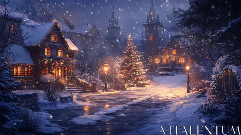 Snowy village street with lit Christmas tree at night.