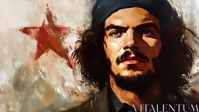 Revolutionary portrait merges bold red star and defiant gaze.