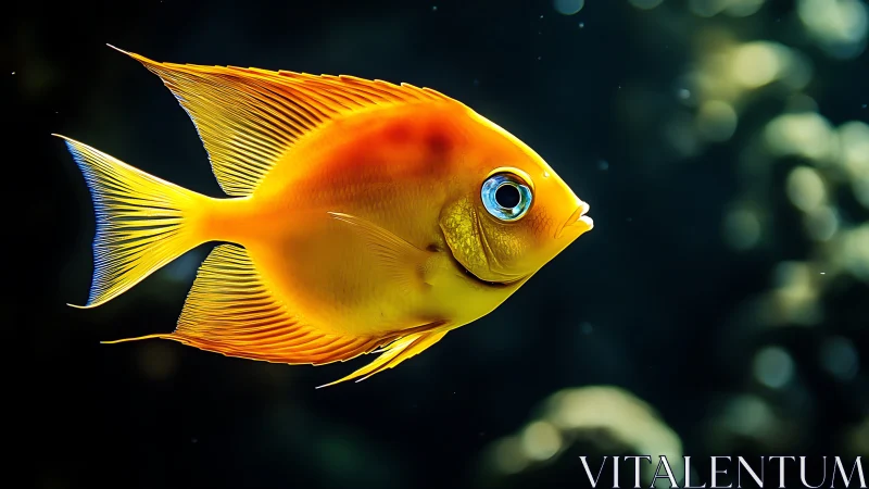 Yellow tropical fish moves laterally in dark aquatic space