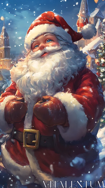 Santa figure stands in snowy village with detailed lighting
