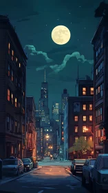 Moonlit urban street with high-rise skyline and parked cars.