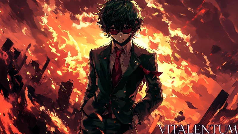 Masked suited character over burning city skyline at dusk.