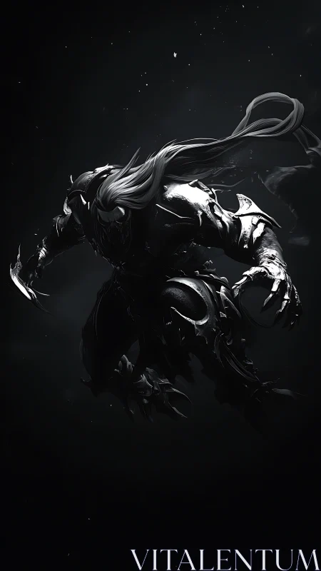 Dark armored humanoid figure rendered in high contrast motion