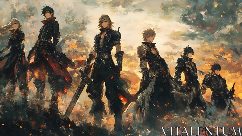 Warrior squad stands united against a burning stormy sky