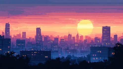 Pixel-rendered urban sunset compresses depth into luminous bands