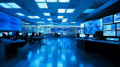 Photorealistic cyber operations command center interior design.
