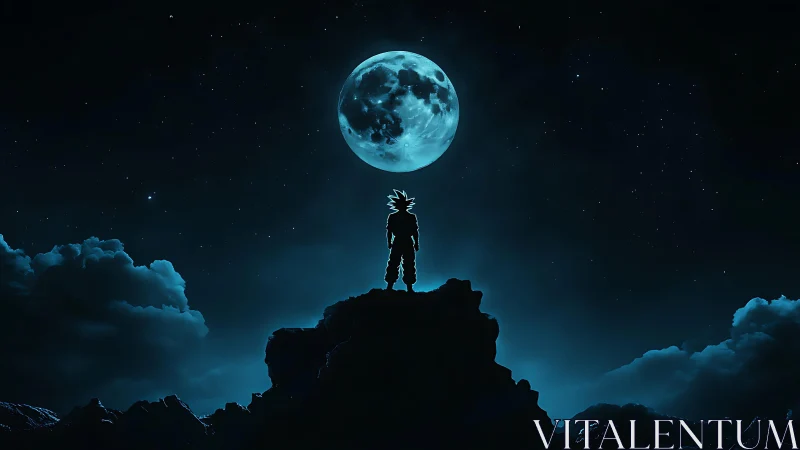 Silhouetted anime warrior stands against luminous full moon