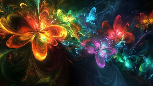 Colorful cosmic blossoms swirling through dreamlike night.