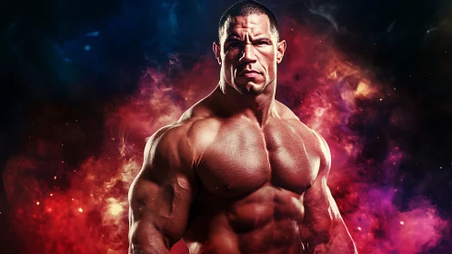 Muscular warrior portrait amid fiery cosmic smoke clouds.