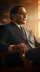 Formal seated portrait with warm rim lighting and tailored suit