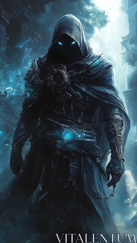 Hooded voidwalker strides through blue arcane stormlight.