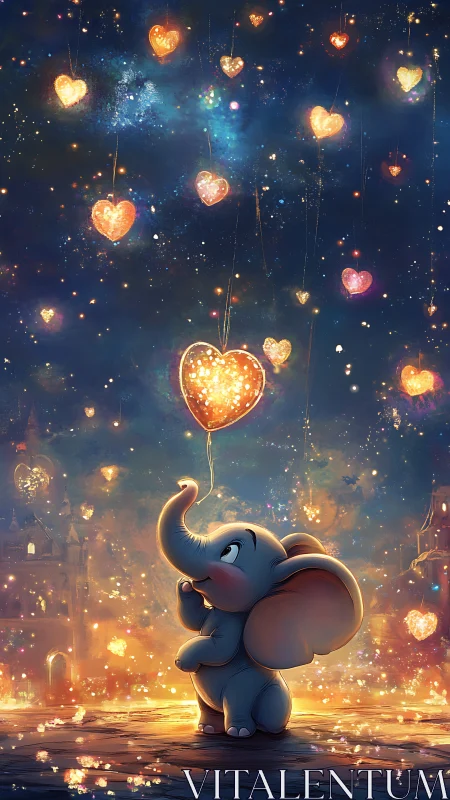 Tiny elephant gazes up as glowing heart lanterns drift by
