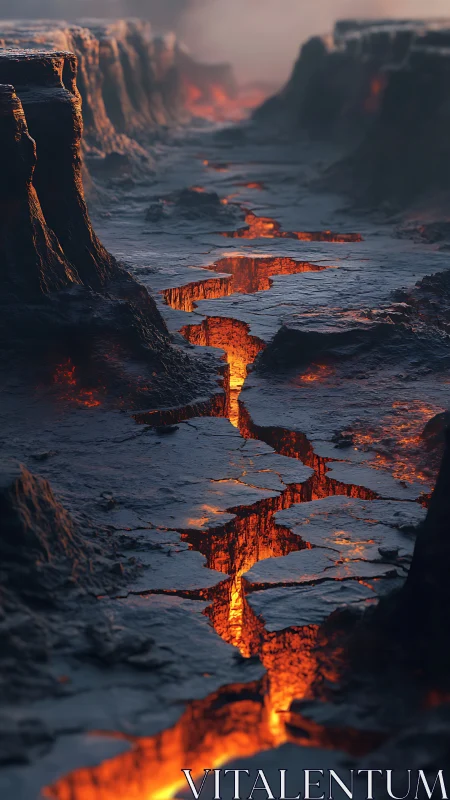 Molten vein of lava carving firelit scars through basalt.