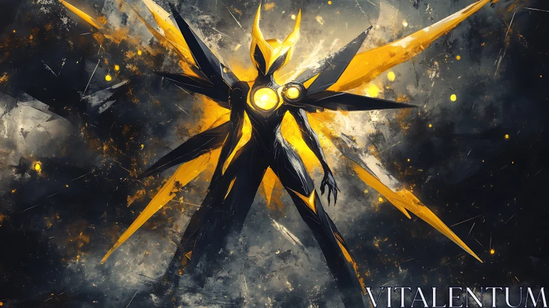 Angular luminous humanoid figure with radiating yellow shards.