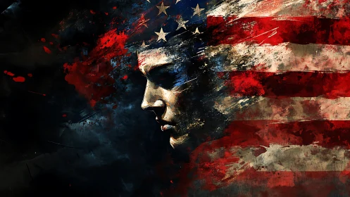 American flag warrior profile in expressive grunge paint.