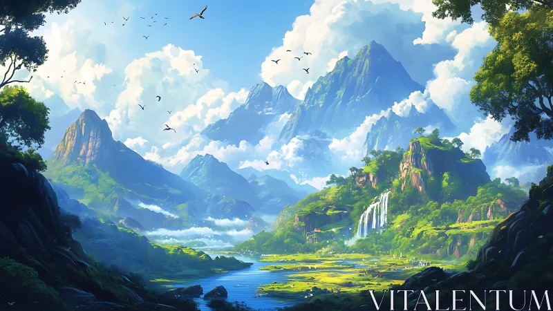 Luminous valley beneath towering cloudlit mountainscape.