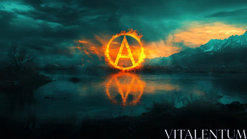 Fiery monogram portal over twilight mountain lakescape.