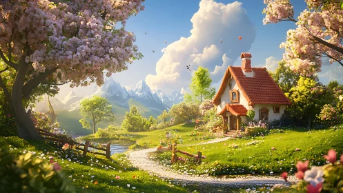 Sunny cottage haven among blossoms and mountain dreams.