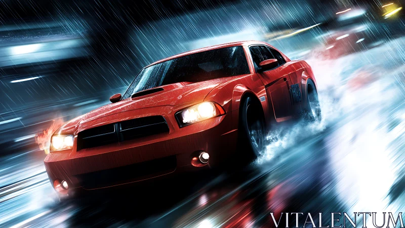 Red sports car surges through neon rain on a slick night street