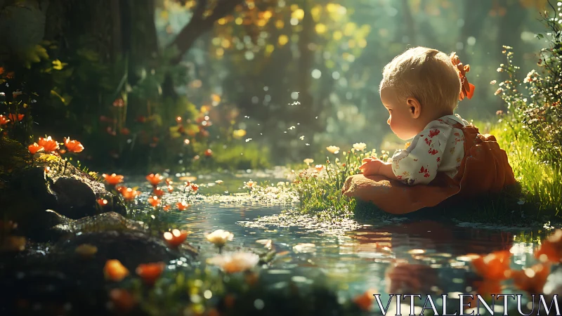 Toddler studies glowing forest pond amid soft morning light