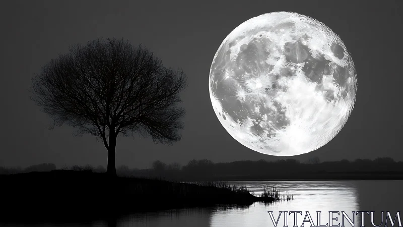 Moonlit lake whispers under a bold, oversized full moon.