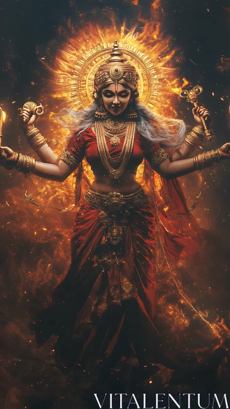 Divine multi-armed goddess emerging from blazing aura.