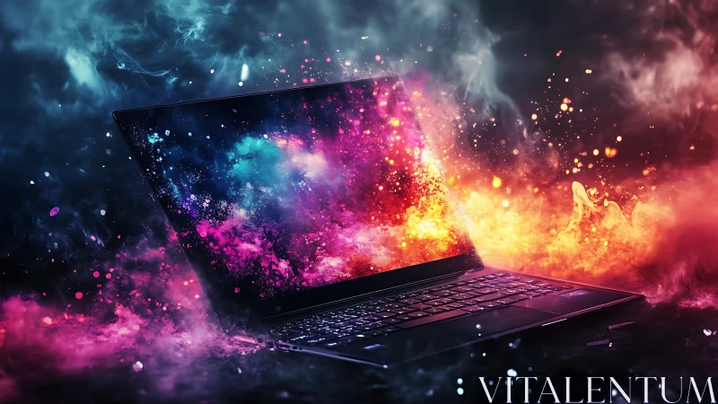 Laptop explodes into vibrant cosmic nebula of digital color