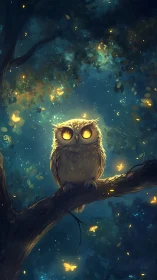 Luminous forest owl on branch in atmospheric night digital painting.