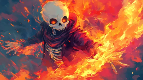 Fiery skeletal mage hurls blazing flames in a stormy void