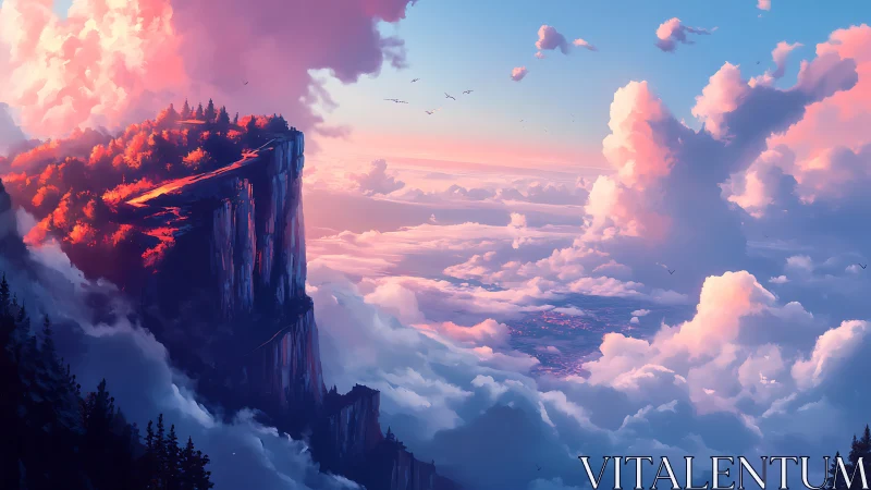 Sunlit cliff forest overlooks ethereal cloud ocean at dusk