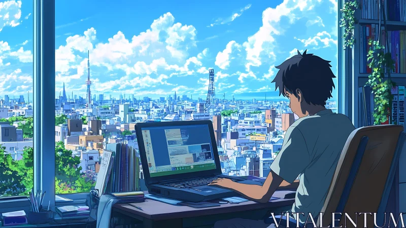 Teen coder overlooks blue urban skyline from sunlit desk.