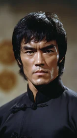Photorealistic martial artist portrait in classic close-up framing.