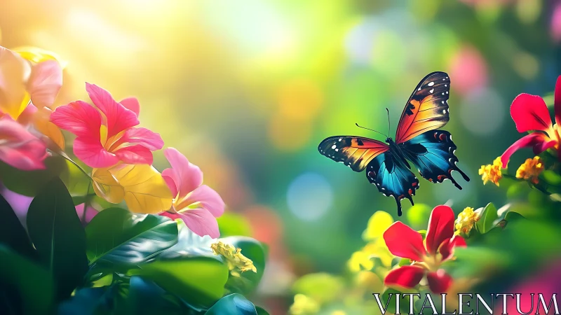 Vibrant butterfly drifts through glowing tropical garden light