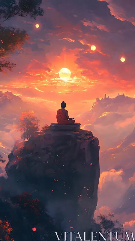 Peaceful mountain meditation under a glowing sunset sky.