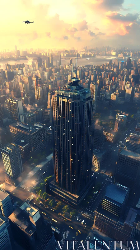 Central tower in dense cityscape at low sun angle period.