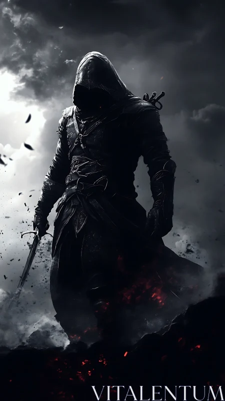 Dark hooded warrior strides through storm and embered ruin