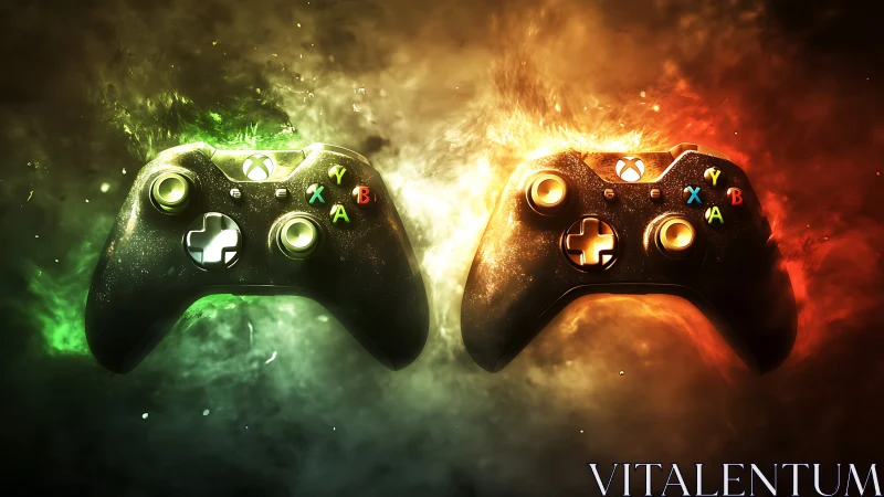 Xbox controllers in green and orange energy clouds.