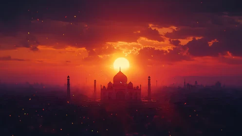 Silhouetted domed monument aligned with sun at sunset.