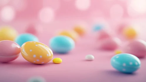 Pastel candy eggs rest on soft pink blurred surface