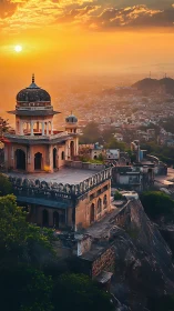Hilltop palace terrace over misty city at golden sunset.