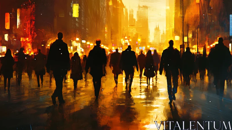 Golden city stroll with glowing silhouettes and soft lights.